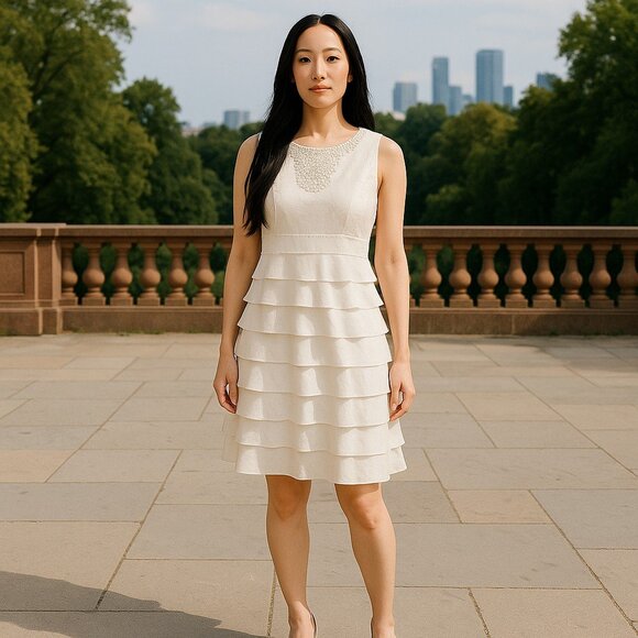 VTG Adrianna Papell Beaded Sleeveless Dress Women's 10 Rayon Ivory Lined Ruffles - Picture 1 of 15